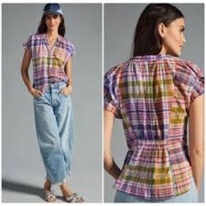 *Copy* Anthropologie Pilcro Plaid Multicolor Women's Short Sleeve Deep V Top